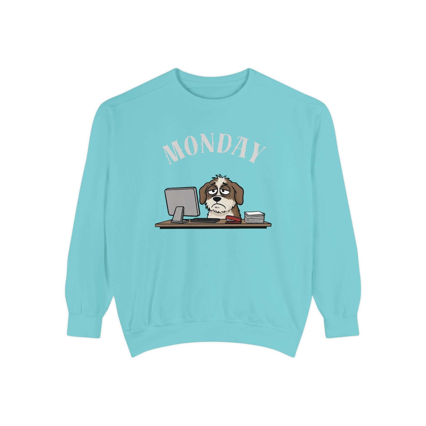 Monday Face Dog Stares Blankly Unisex Crewneck Sweatshirt with a cartoon dog at a desk under a MONDAY banner.