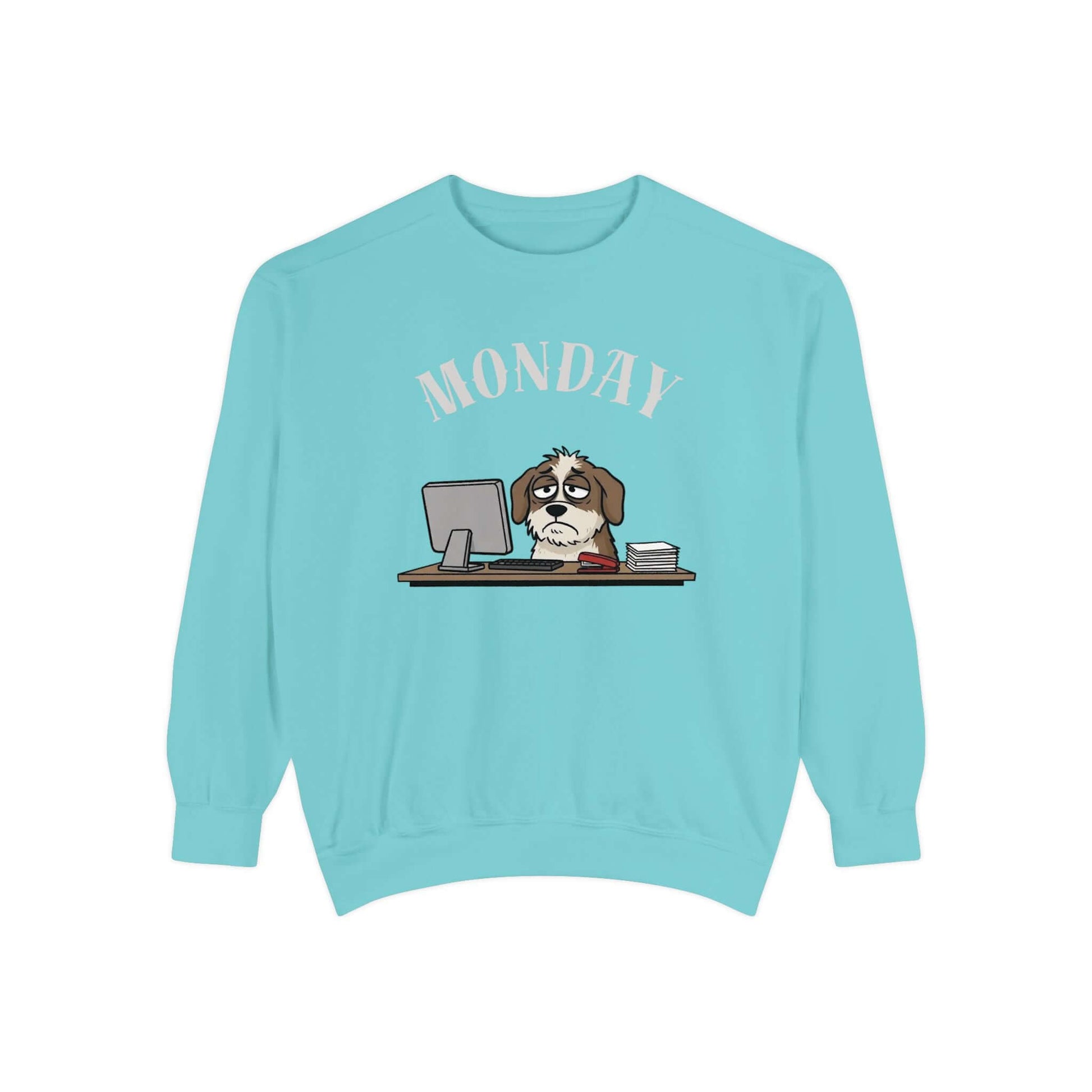 Monday Face Dog Stares Blankly Unisex Crewneck Sweatshirt with a cartoon dog at a desk under a MONDAY banner.