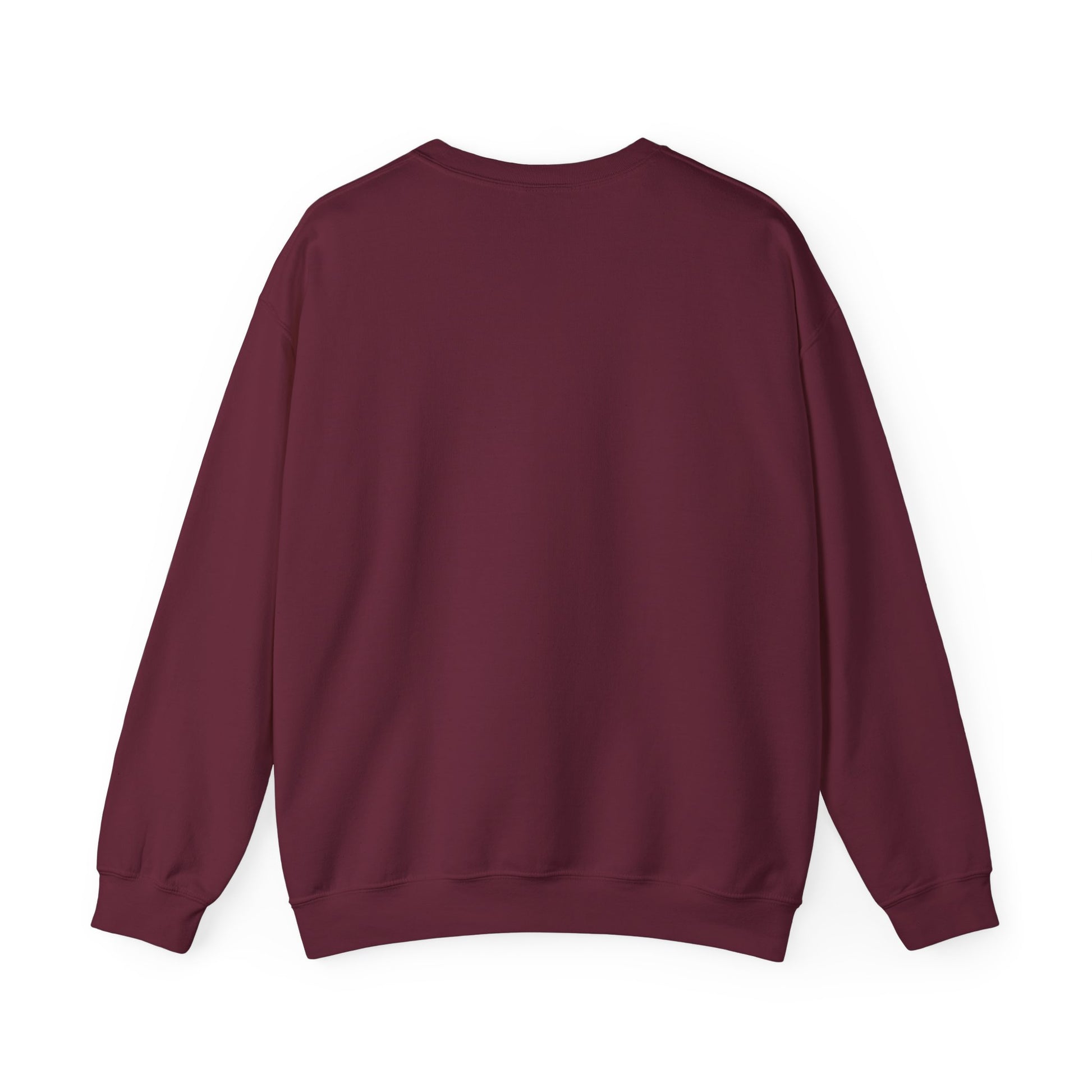 Back view of Dog My Soulmate Unisex Crewneck Sweatshirt in burgundy color with ribbed cuffs.