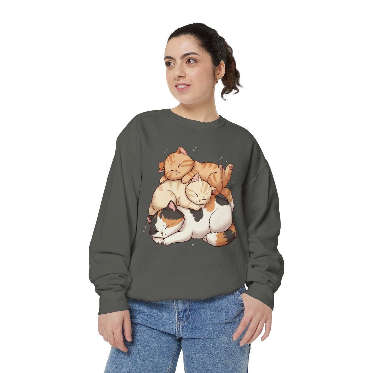 3 Cute Sleeping Cats Cozy Graphic Unisex Crewneck Sweatshirt style 1