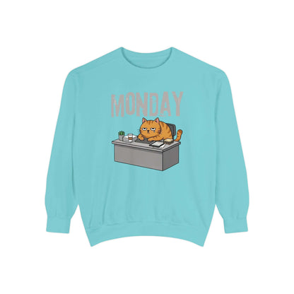 Monday Face Cat Stares Blankly Unisex Crewneck Sweatshirt featuring a cat at a desk with a Monday banner.