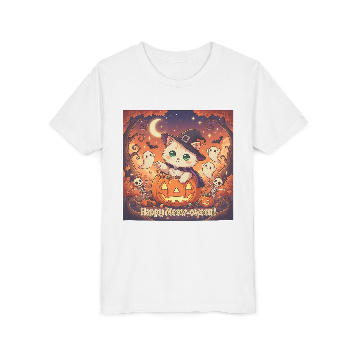 Halloween cute kitten anime style 6 Unisex Youth Tee | T-Shirt, Cute Pumpkin Shirt, Kids Halloween Outfit, Cat Lover Gift, Fun Fall Apparel