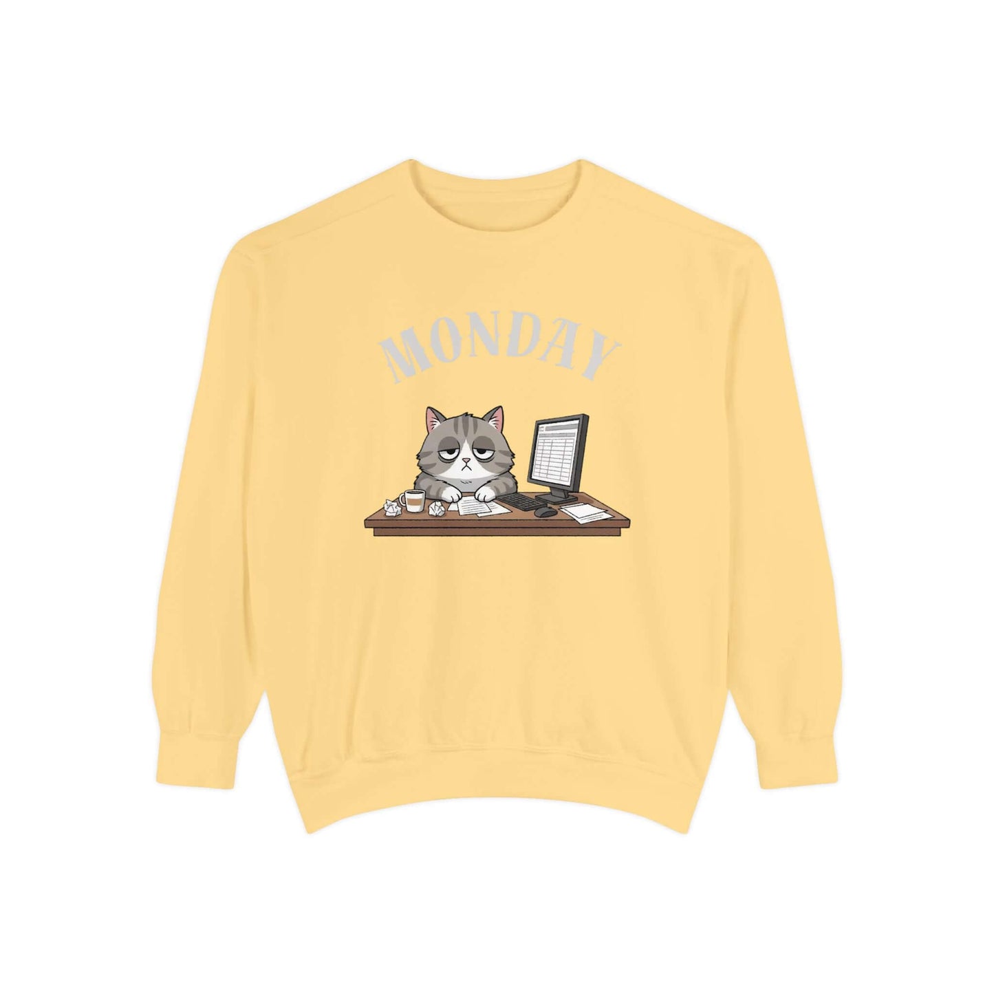 Monday Face Cat Stares Blankly Unisex Crewneck Sweatshirt in yellow with cat graphic and 'MONDAY' text.