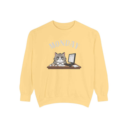 Monday Face Cat Stares Blankly Unisex Crewneck Sweatshirt in yellow with cat graphic and 'MONDAY' text.