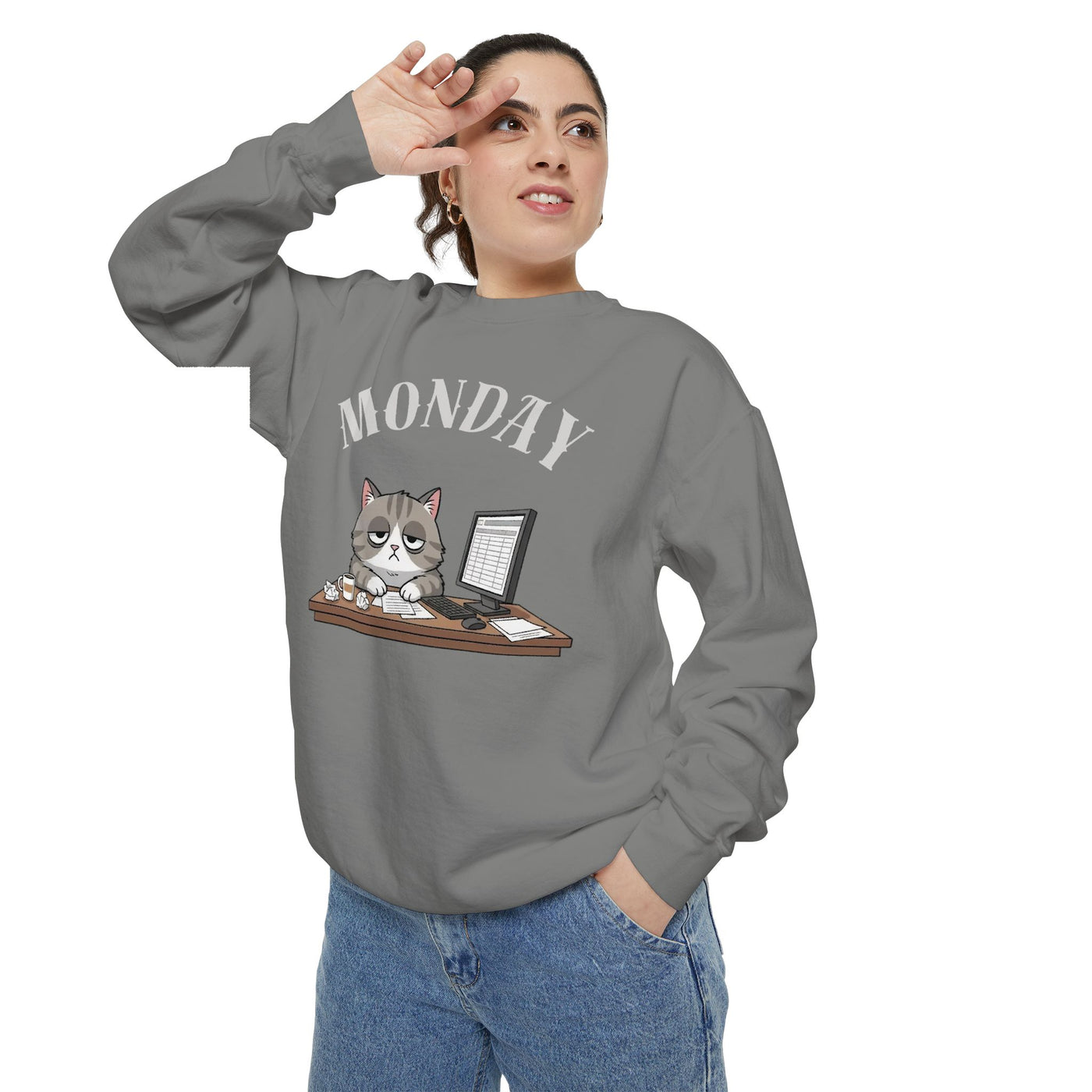 Monday Face Cat Stares Blankly Unisex Crewneck Sweatshirt style 5