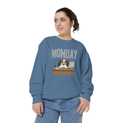 Monday Face Dog Stares Blankly Unisex Crewneck Sweatshirt worn by a model, featuring a dog under a 'MONDAY' banner.