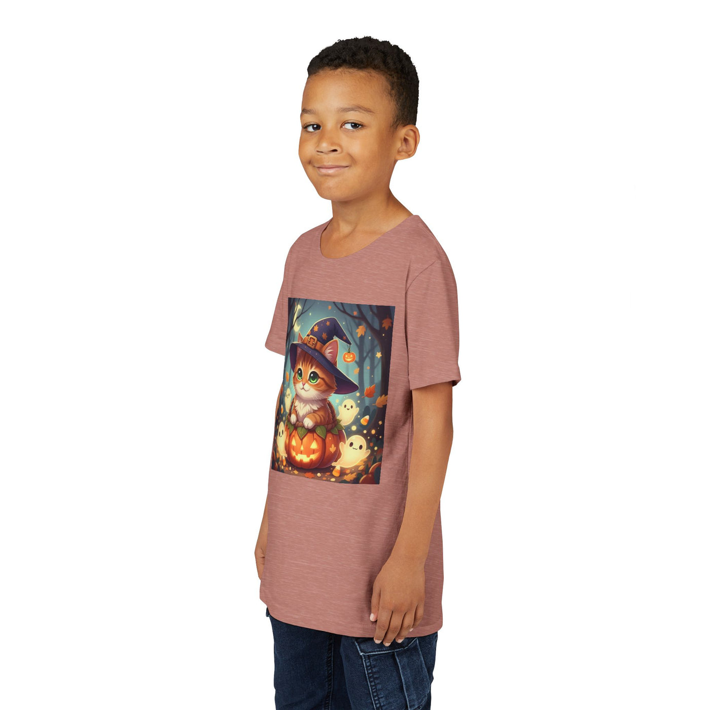 Halloween cute kitten anime style 3 Unisex Youth Tee | T-Shirt, Cute Pumpkin Shirt, Kids Halloween Outfit, Cat Lover Gift, Fun Fall Apparel