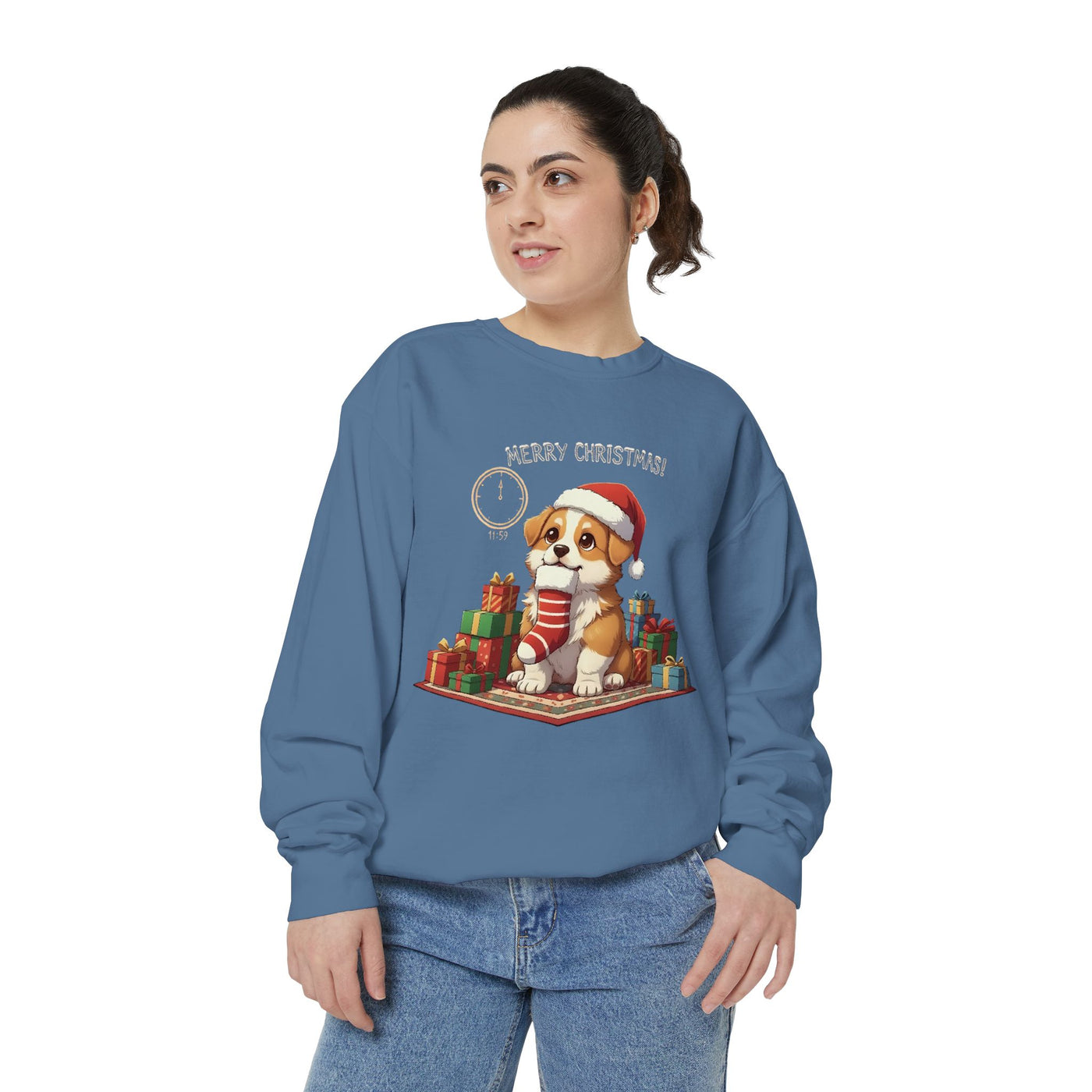 Cute Puppy waiting for Christmas presents style 1 Cozy Graphic Unisex Crewneck Sweatshirt