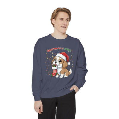 Cute Puppy waiting for Christmas presents style 5 Cozy Graphic Unisex Crewneck Sweatshirt