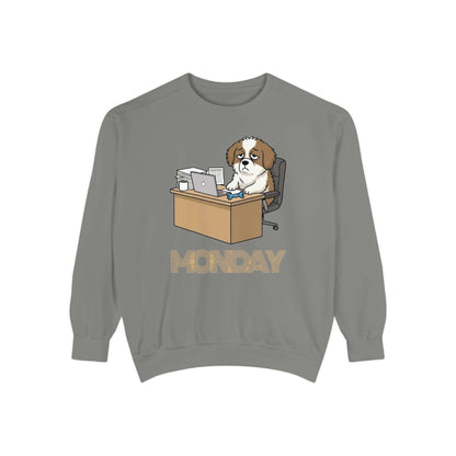Monday Face Dog Stares Blankly Unisex Crewneck Sweatshirt with a cartoon dog at a desk under "MONDAY".