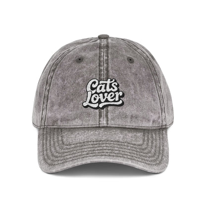 Cats Lover Vintage Embroidered Cap Dad Hat Grey Words displayed from the front with raised embroidery in vintage script.