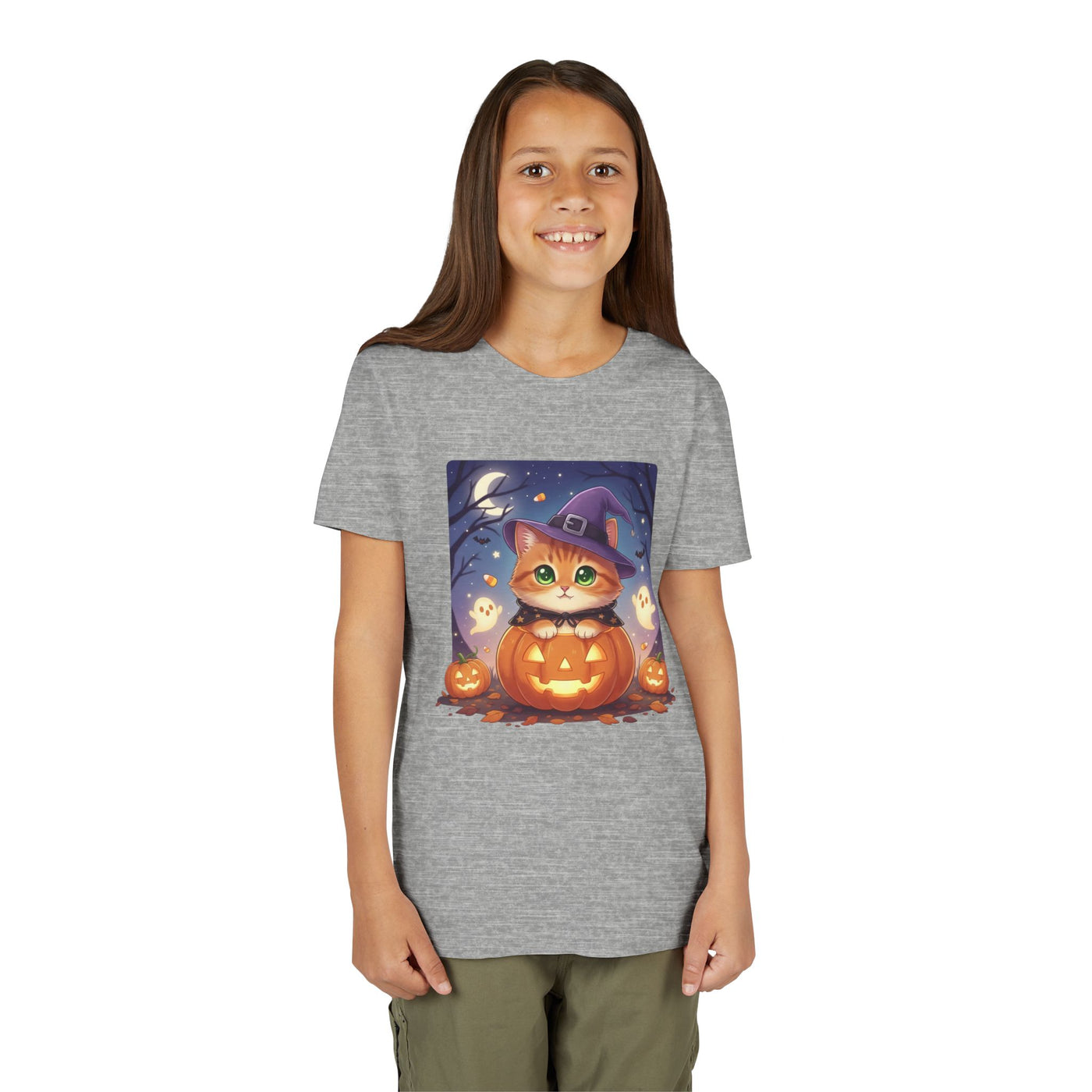 Halloween cute kitten anime style 7 Unisex Youth Tee | T-Shirt, Cute Pumpkin Shirt, Kids Halloween Outfit, Cat Lover Gift, Fun Fall Apparel