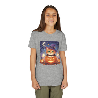 Halloween cute kitten anime style 7 Unisex Youth Tee | T-Shirt, Cute Pumpkin Shirt, Kids Halloween Outfit, Cat Lover Gift, Fun Fall Apparel