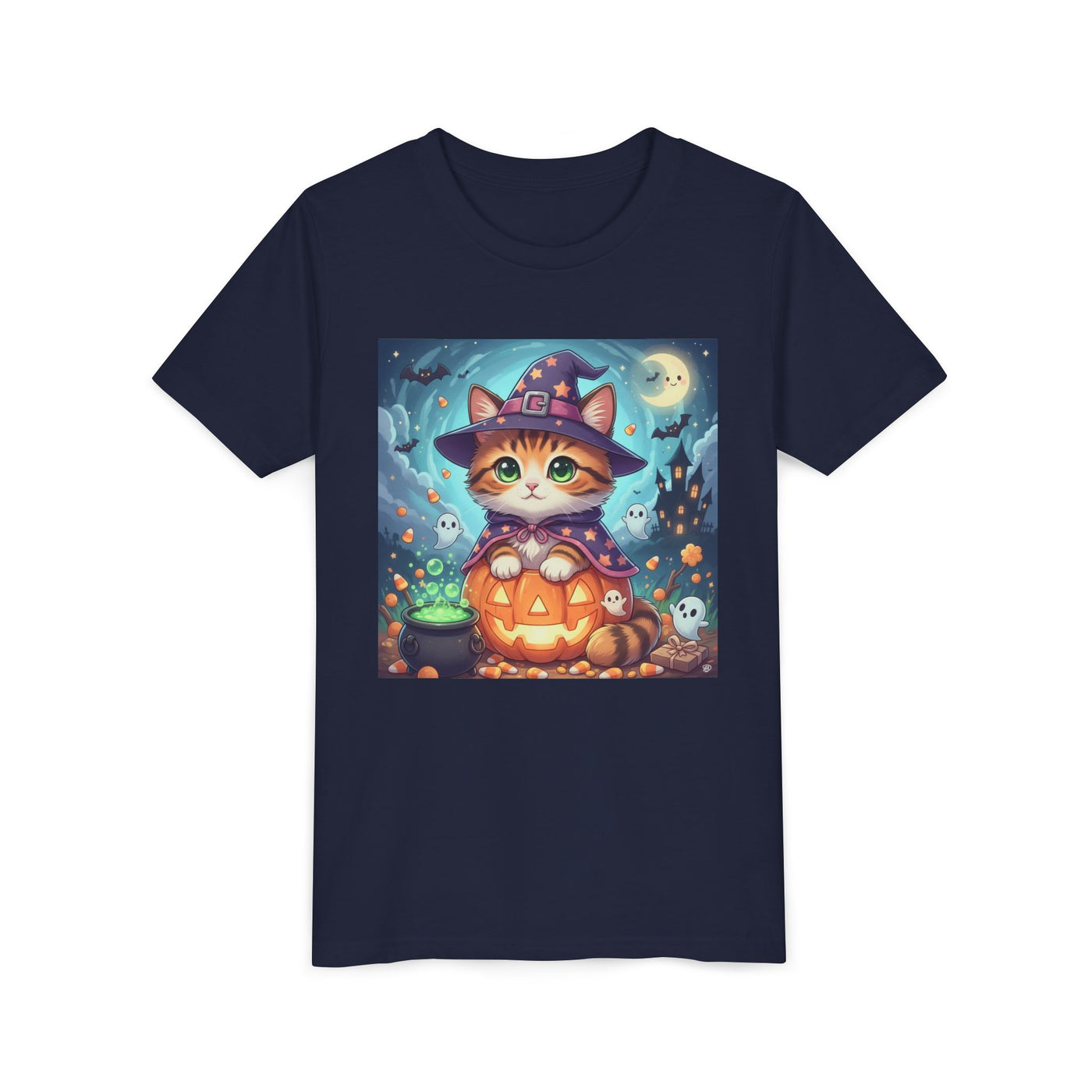 Halloween cute kitten anime style 2 Unisex Youth Tee | T-Shirt, Cute Pumpkin Shirt, Kids Halloween Outfit, Cat Lover Gift, Fun Fall Apparel