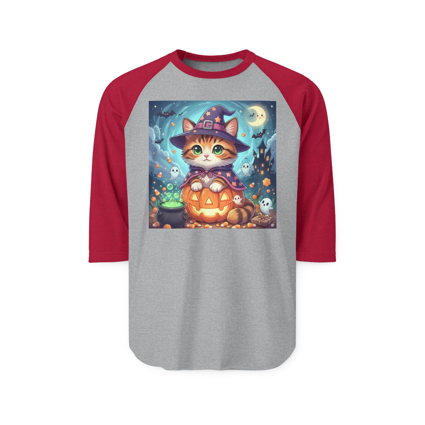 Halloween cute kitten anime style 2 Raglan Shirt, Unisex Halloween Top, Pumpkin Cat Shirt, Cute Cat Tee, Spooky Casual Wear