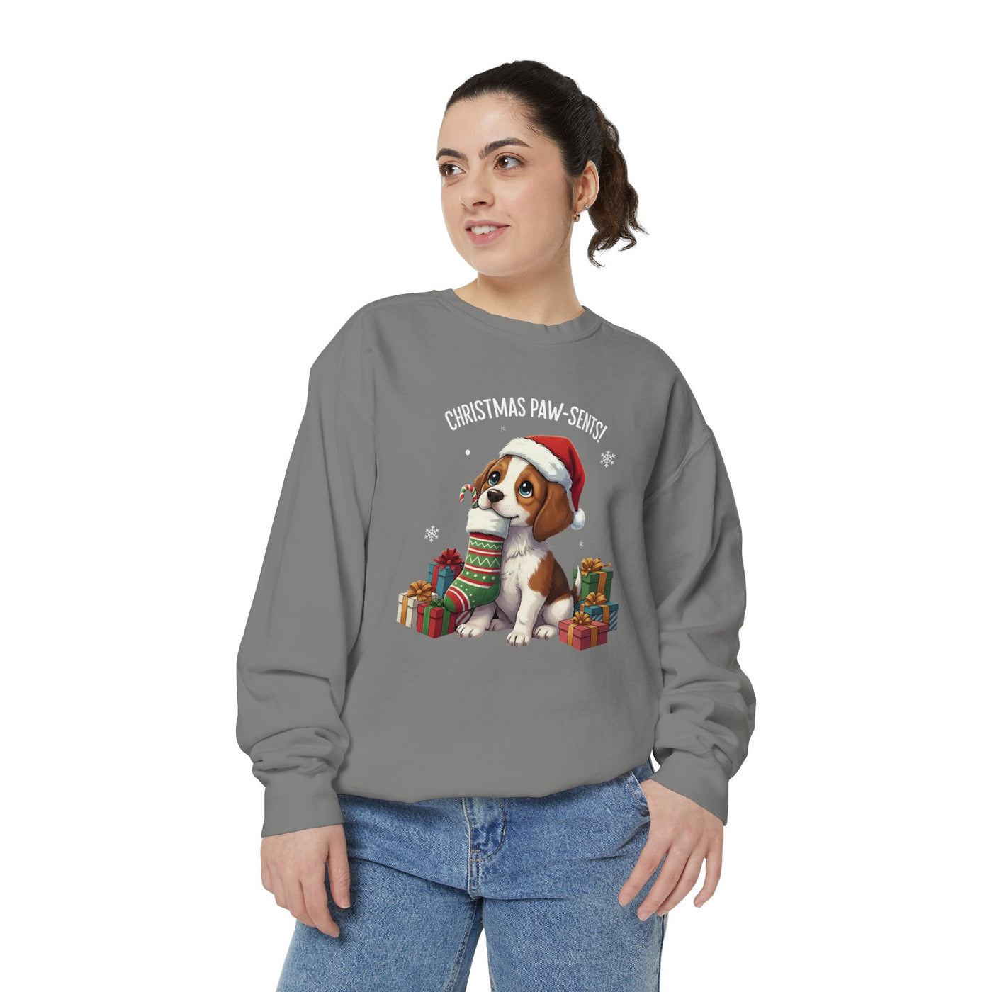 Cute Puppy waiting for Christmas presents style 3 Cozy Graphic Unisex Crewneck Sweatshirt
