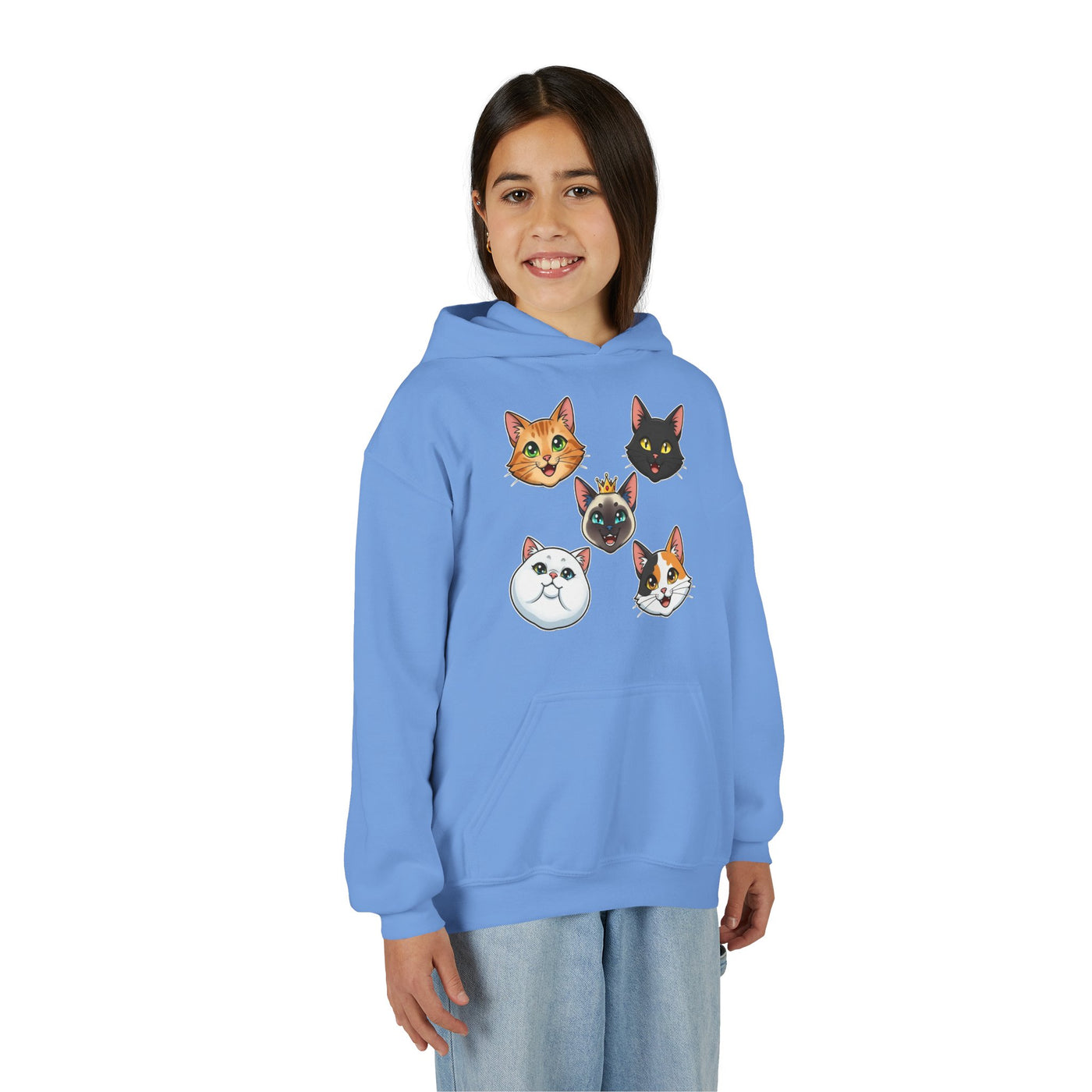 Cute Cat Heads Unisex Youth Hoodie, Fun Pet Lover Sweater, Kids Gift, Animal Lover Apparel, Perfect for Birthdays & Holidays