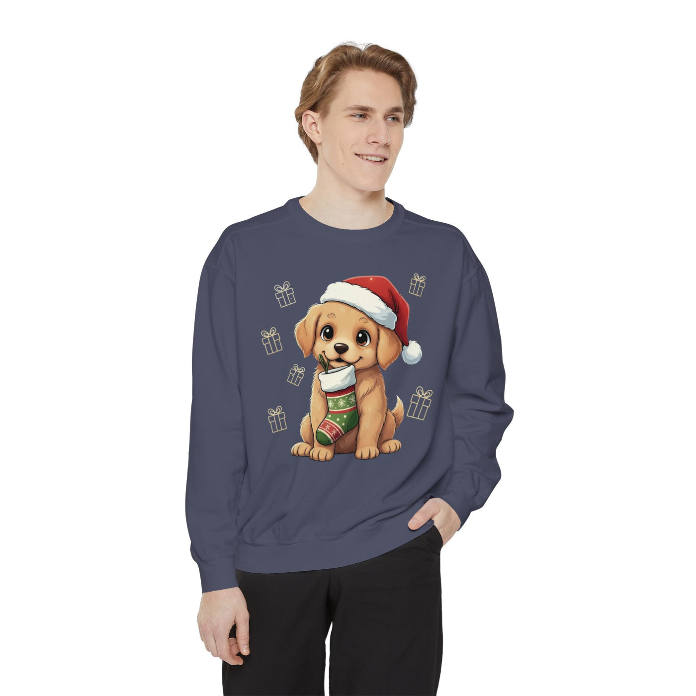 Cute Puppy waiting for Christmas presents style 4 Cozy Graphic Unisex Crewneck Sweatshirt