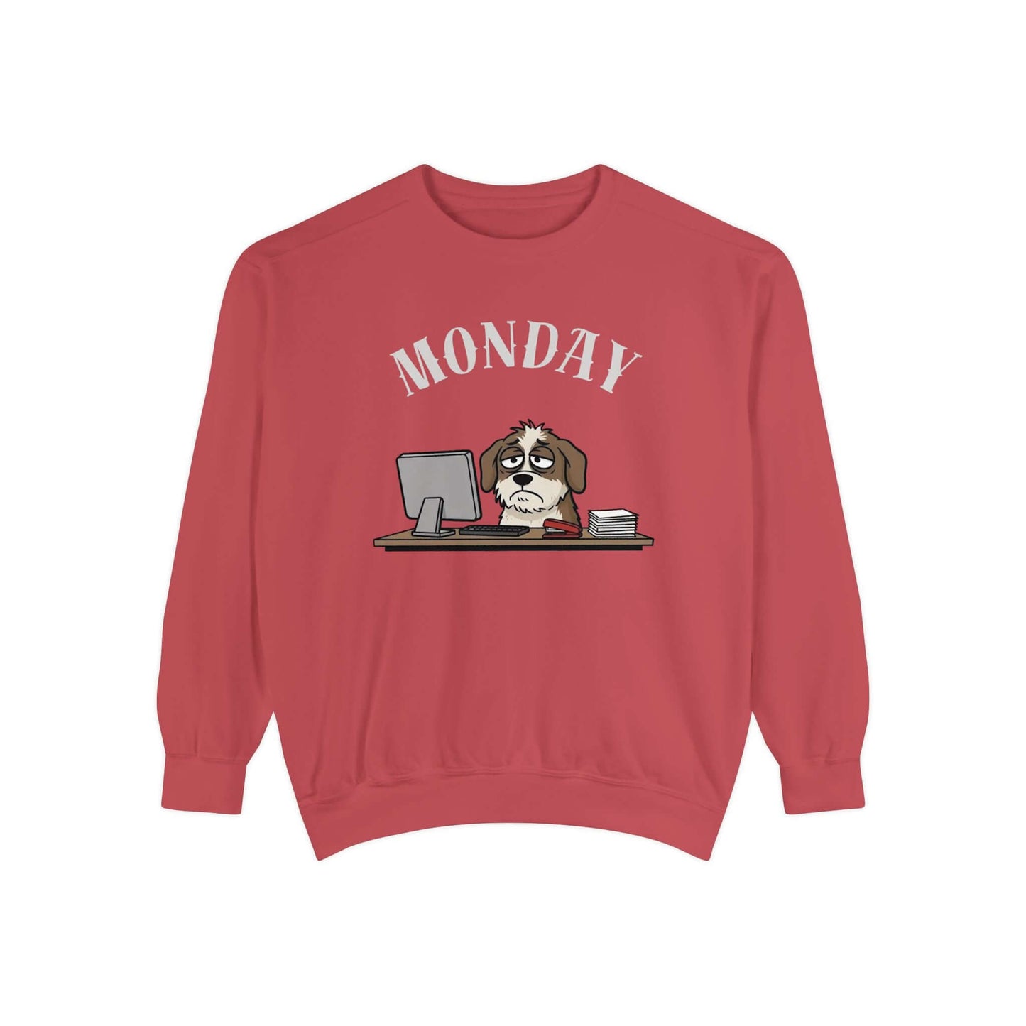Monday Face Dog Stares Blankly Unisex Crewneck Sweatshirt in a relaxed fit, featuring a dog and a MONDAY banner.