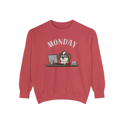 Monday Face Dog Stares Blankly Unisex Crewneck Sweatshirt in a relaxed fit, featuring a dog and a MONDAY banner.