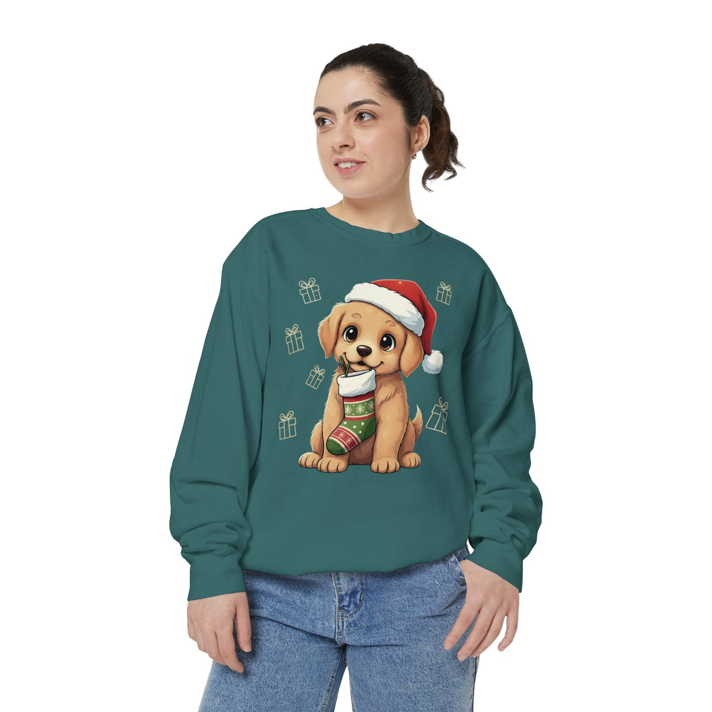 Cute Puppy waiting for Christmas presents style 4 Cozy Graphic Unisex Crewneck Sweatshirt