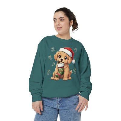 Cute Puppy waiting for Christmas presents style 4 Cozy Graphic Unisex Crewneck Sweatshirt