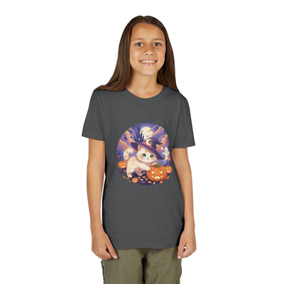 Halloween cute kitten anime style 5 Unisex Youth Tee | T-Shirt, Cute Pumpkin Shirt, Kids Halloween Outfit, Cat Lover Gift, Fun Fall Apparel