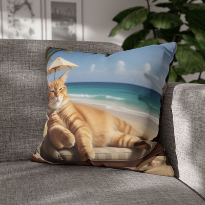 Relaxing Cat Beach Pillowcase - Cozy Spun Polyester Decorative Pillowcase for Cat Lovers