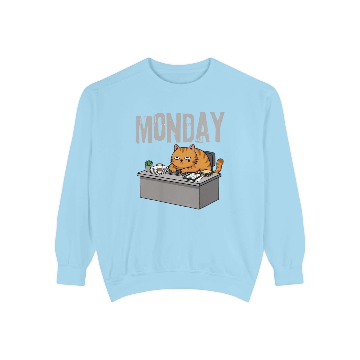Monday Face Cat Stares Blankly Unisex Crewneck Sweatshirt displayed in blue with cat and 'MONDAY' graphic.