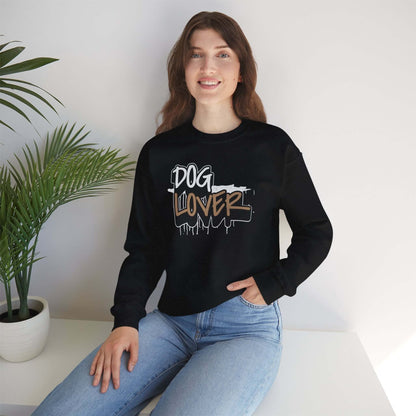 Dog Lover Stylish Unisex Crewneck Sweatshirt worn by a woman in a stylish setting with a plant.