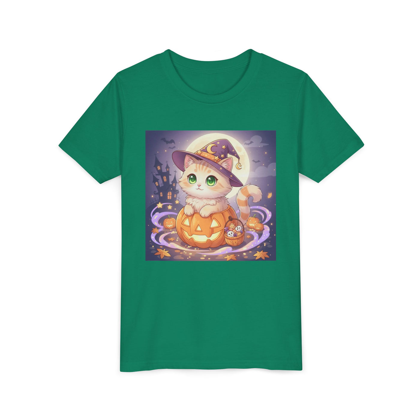 Halloween cute kitten anime style 4 Unisex Youth Tee | T-Shirt, Cute Pumpkin Shirt, Kids Halloween Outfit, Cat Lover Gift, Fun Fall Apparel