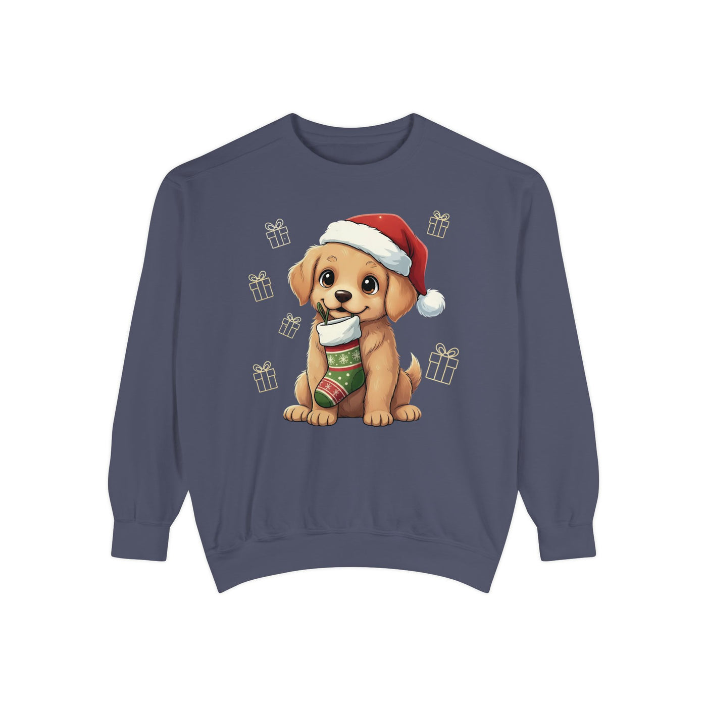 Cute Puppy waiting for Christmas presents style 4 Cozy Graphic Unisex Crewneck Sweatshirt