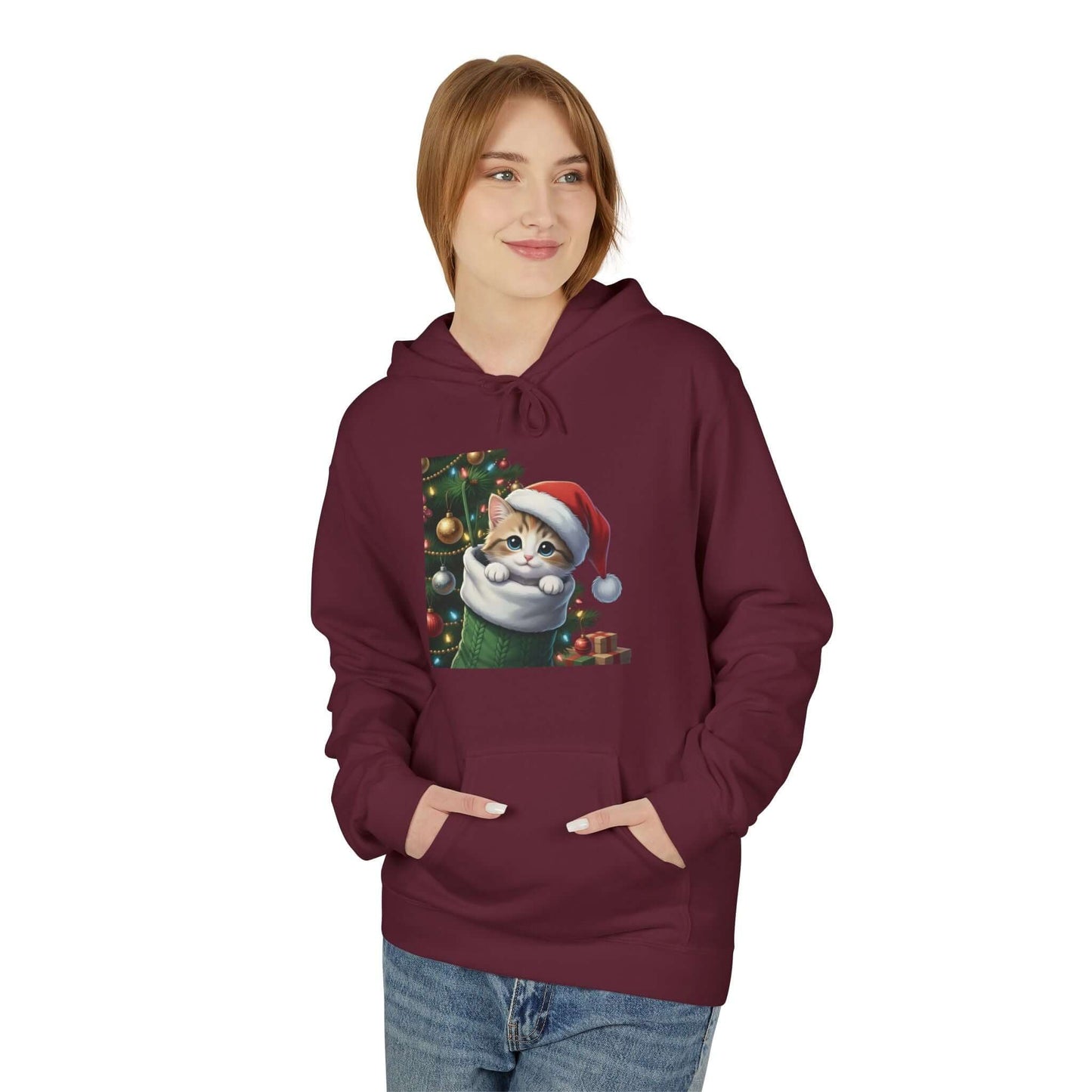Kitten hiding in Christmas stocking Unisex Fleece Hoodie style 2