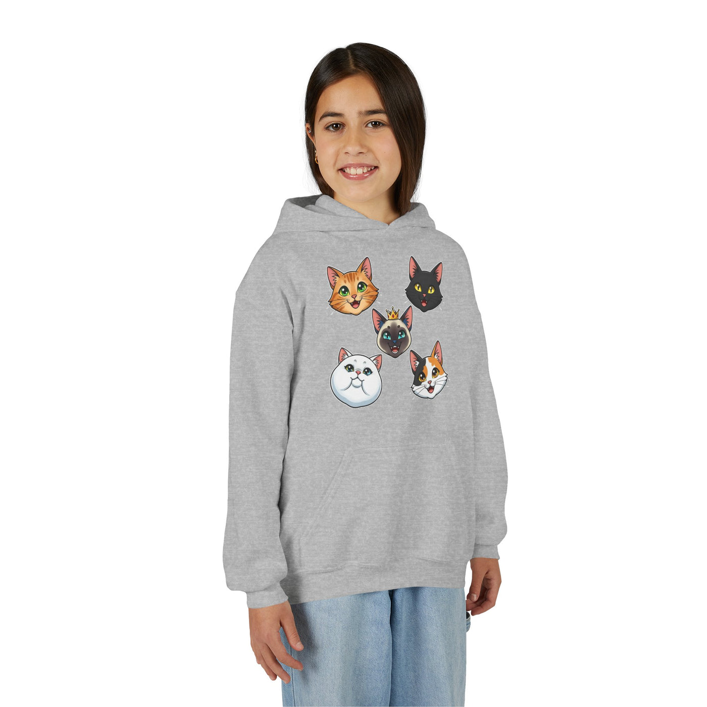 Cute Cat Heads Unisex Youth Hoodie, Fun Pet Lover Sweater, Kids Gift, Animal Lover Apparel, Perfect for Birthdays & Holidays