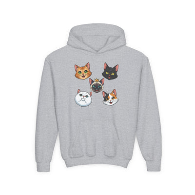 Cute Cat Heads Unisex Youth Hoodie, Fun Pet Lover Sweater, Kids Gift, Animal Lover Apparel, Perfect for Birthdays & Holidays