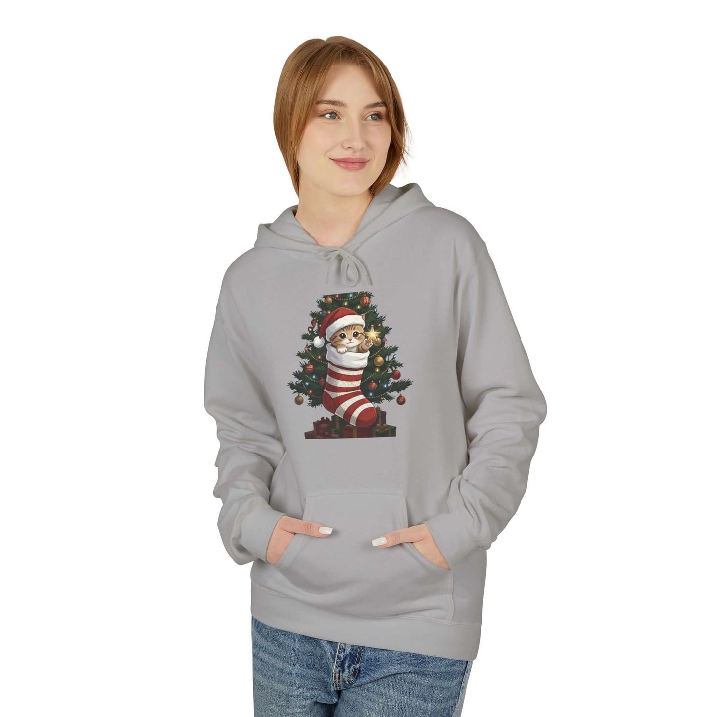 Kitten hiding in Christmas stocking Unisex Fleece Hoodie style 3