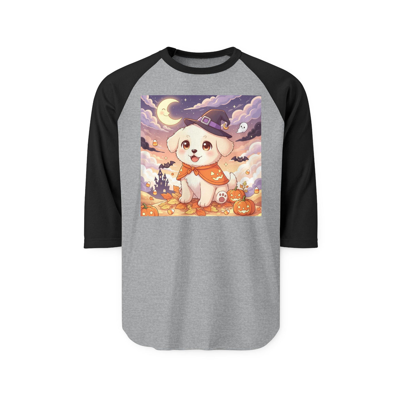 Halloween cute puppy anime style 2 Raglan Shirt, Cute Pet Shirt, Fall Apparel, Unisex Halloween Outfit, Gift for Dog Lovers, Spooky Season Tee