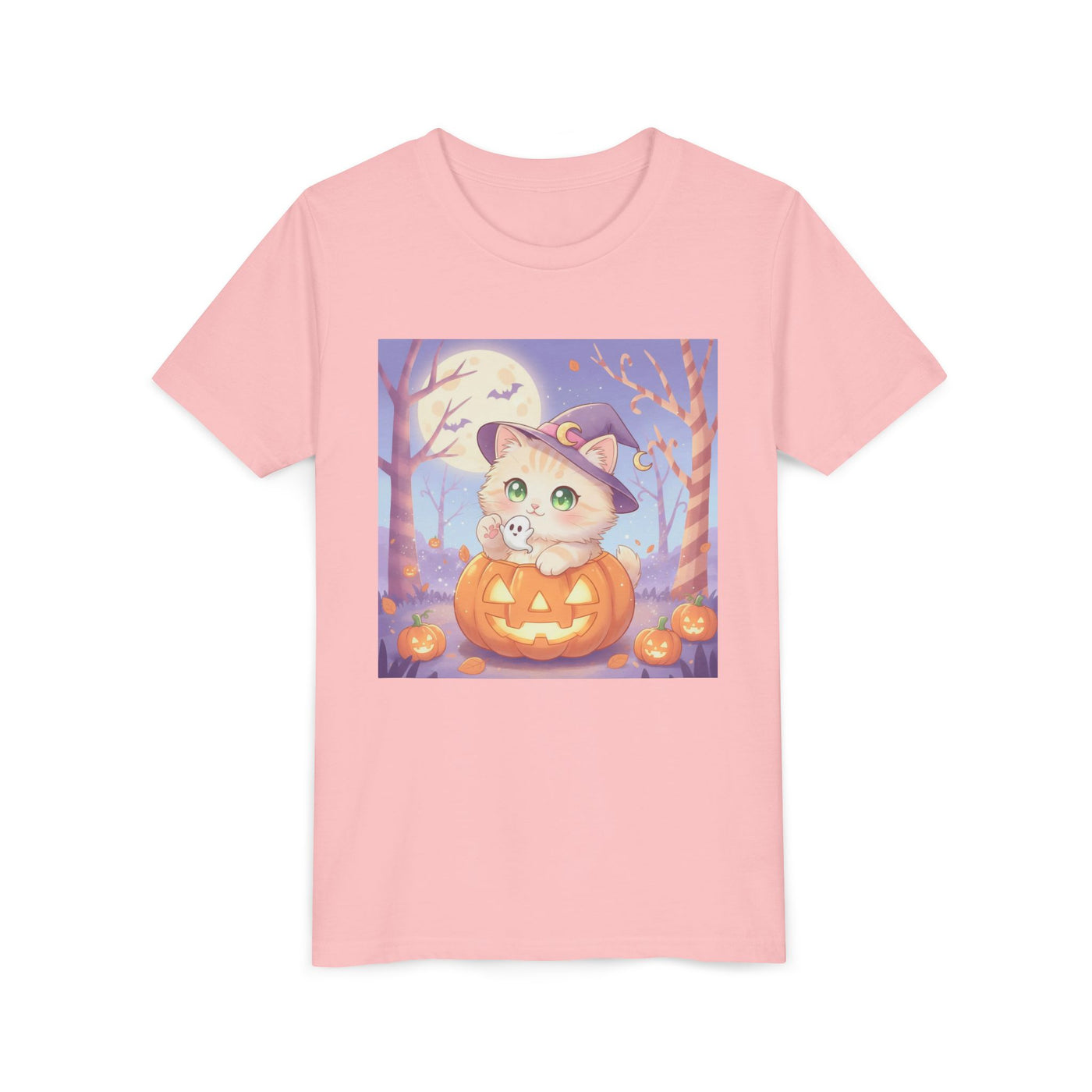 Halloween cute kitten anime style 1 Unisex Youth Tee | T-Shirt, Cute Pumpkin Shirt, Kids Halloween Outfit, Cat Lover Gift, Fun Fall Apparel