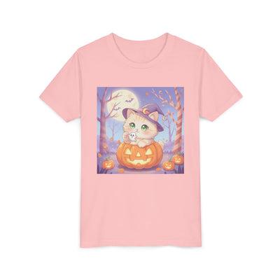 Halloween cute kitten anime style 1 Unisex Youth Tee | T-Shirt, Cute Pumpkin Shirt, Kids Halloween Outfit, Cat Lover Gift, Fun Fall Apparel
