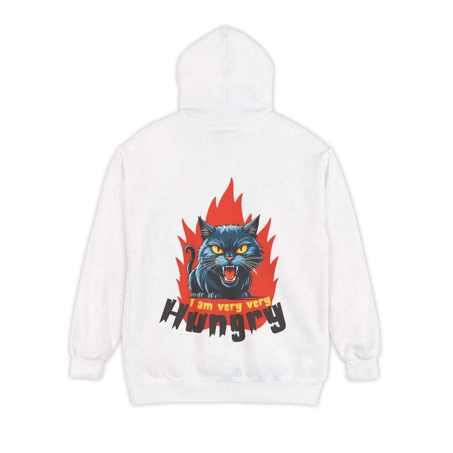 I am very very Hungry - Cartoon Cat Unisex Pullover Hoodie with a snarling cat design in flames on the back.
