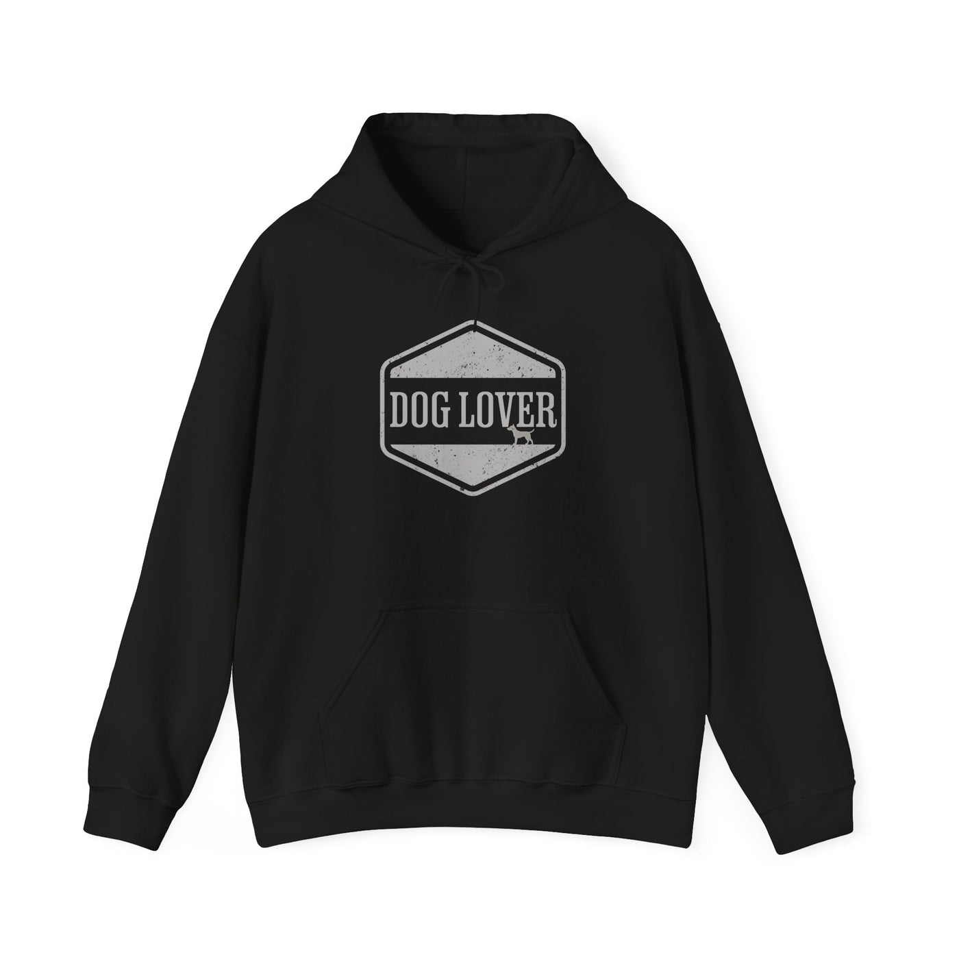 Dog Lover plus Slogan on Back Unisex Pullover Hoodie in black with vintage-style badge saying 'DOG LOVER'.