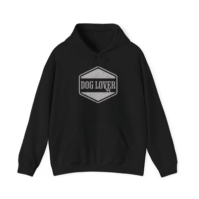 Dog Lover plus Slogan on Back Unisex Pullover Hoodie in black with vintage-style badge saying 'DOG LOVER'.