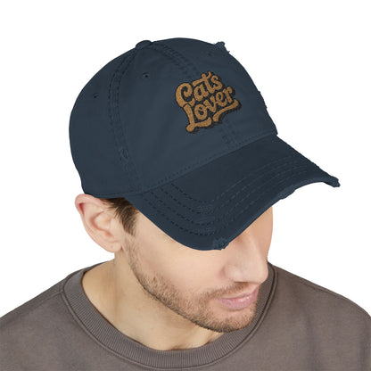 Cats Lover Distressed Embroidered Cap Dad Hat Brown Words