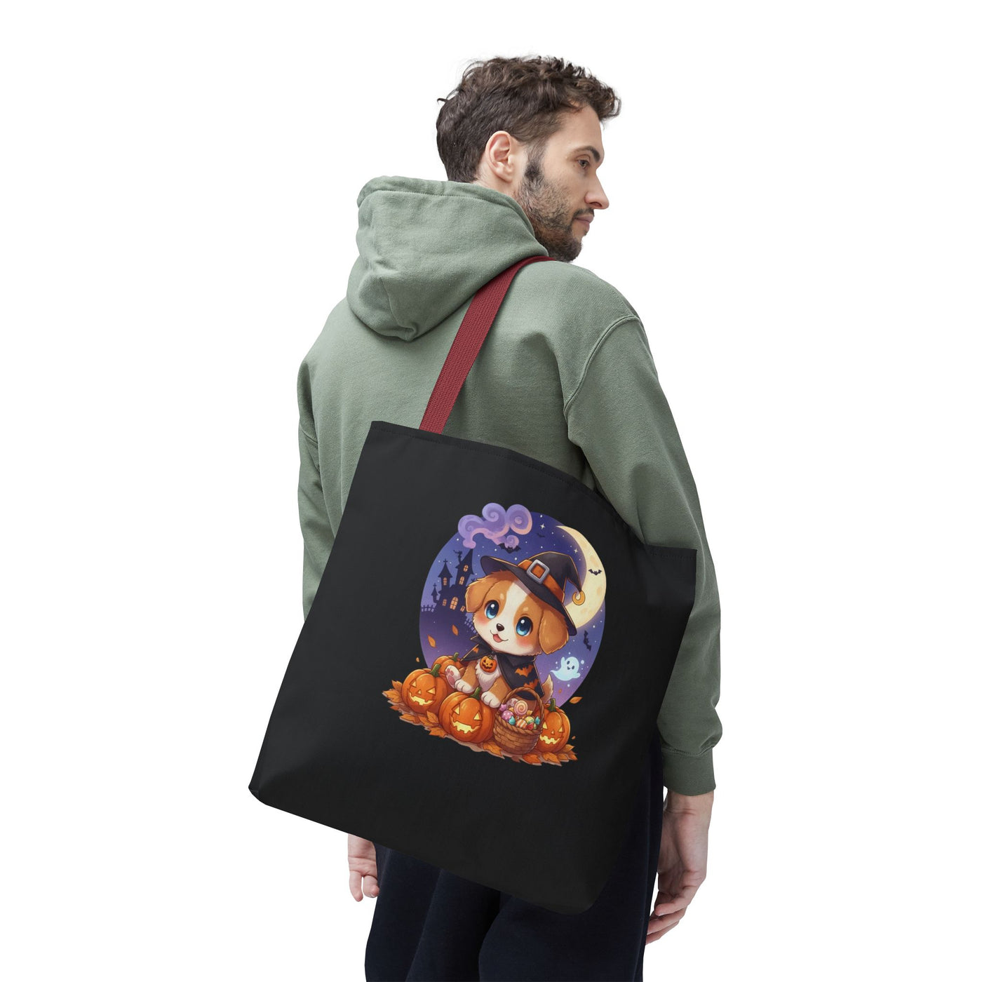 Adorable Halloween Puppy anime style Tote Bag, Pumpkin Lover Gift, Cute Dog Design, Witch Theme, Eco-Friendly Shopping Bag