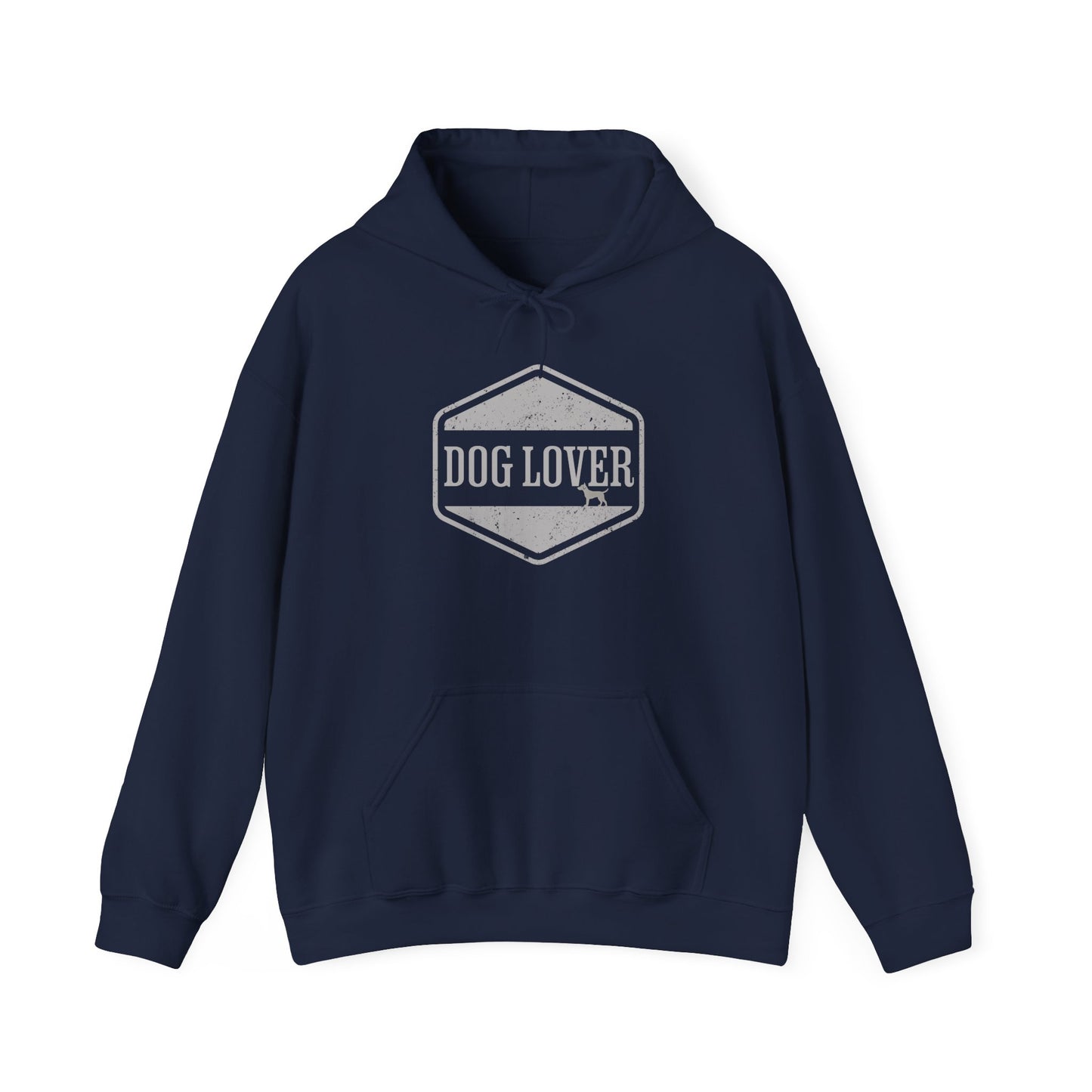 Dog Lover plus Slogan on Back Unisex Pullover Hoodie with vintage-style badge on navy background.