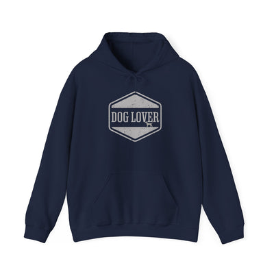 Dog Lover plus Slogan on Back Unisex Pullover Hoodie in navy with vintage-style badge reading 'DOG LOVER'.